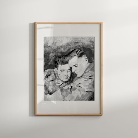 Black and white painting of two WWI soldiers in uniform sharing a tender, secret embrace. A grayscale tribute to queer love in wartime by Zak Pop Art.
