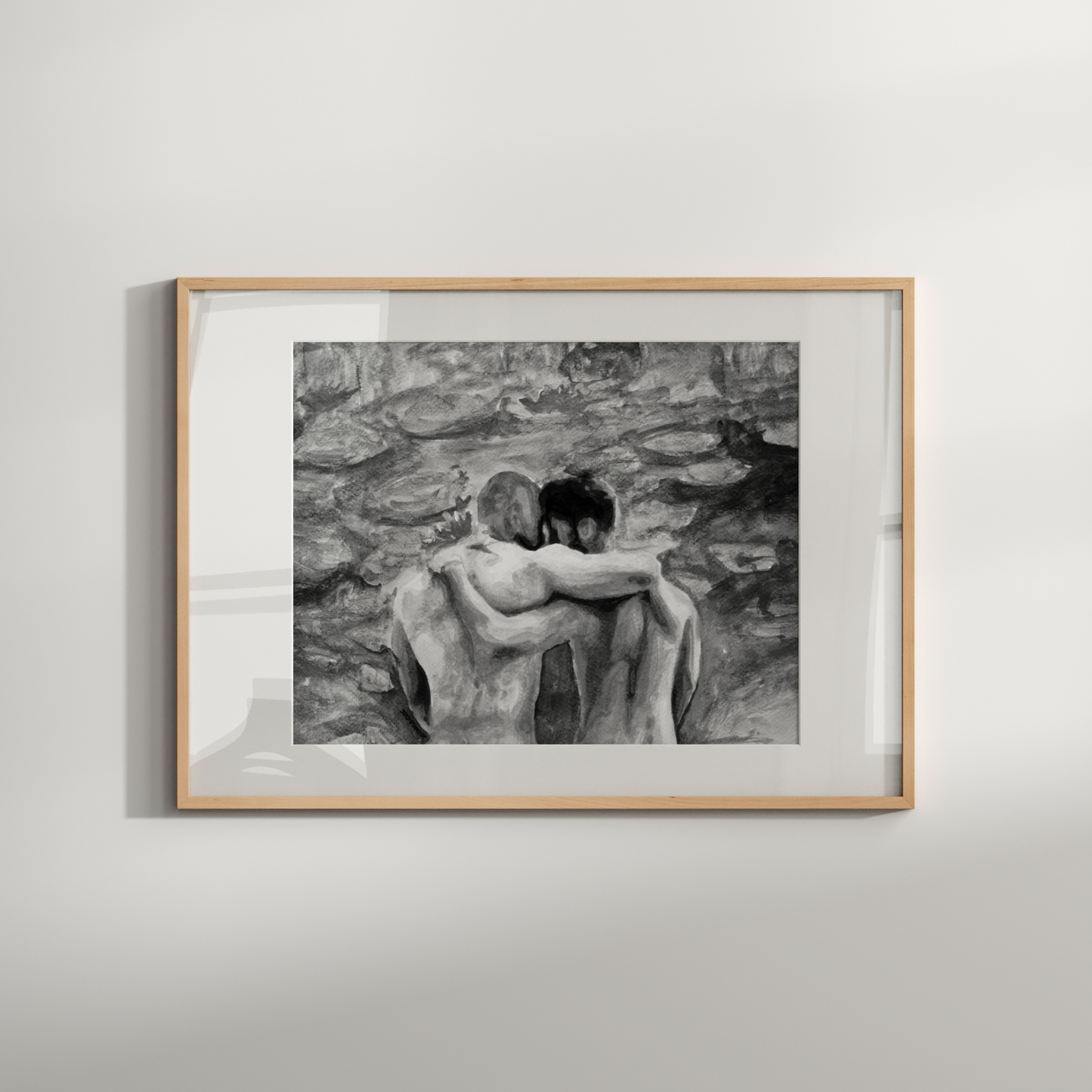 Black and white watercolor painting of two men from behind with arms around each other, looking at a soft landscape inspired by Monet.