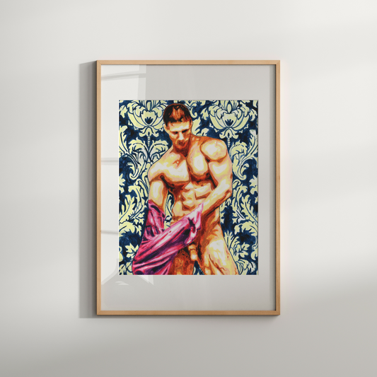 Framed artwork of a muscular figure with a decorative pattern on a plain wall.
