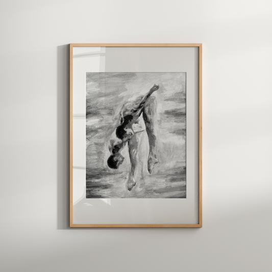 Black and white watercolor of two nude men jumping into water, viewed from behind, grayscale tones with expressive splashes and sky.