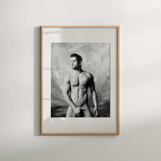 Black and white watercolor painting of a muscular nude man covering himself with his hands, standing beneath a moody sky, symbolizing queer strength, modesty, and emotional presence. Original Zak Pop Art.
