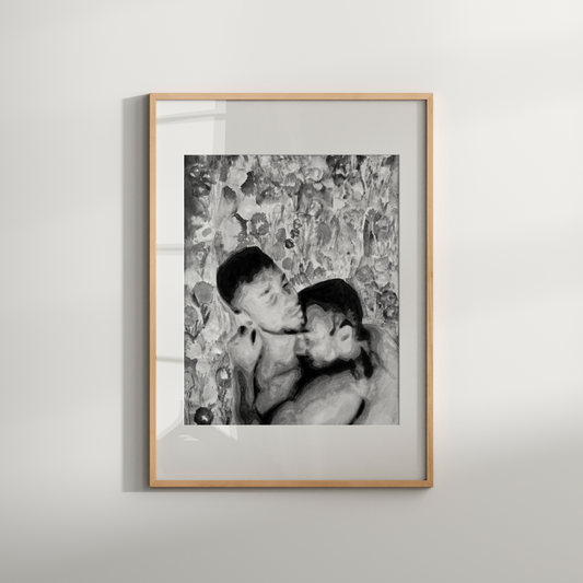 Black and white watercolor painting of two nude gay men embracing tenderly, shown from the waist up. Behind them is vintage floral wallpaper in grayscale, symbolizing queer intimacy and timeless elegance.