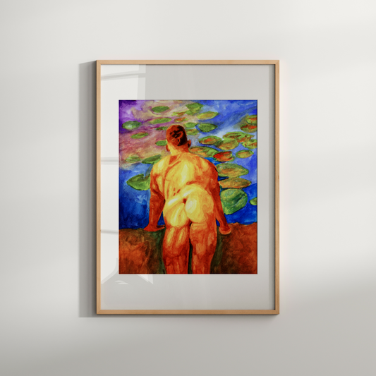 This bold yet poetic watercolor artwork captures a powerful, muscular young man leaning gracefully against an old stone wall, his body curved in a moment of quiet vulnerability. The central focus is on his form, rendered with delicate shadows