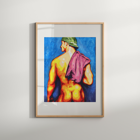 Framed artwork of a shirtless man with a towel draped over his shoulder on a white wall.