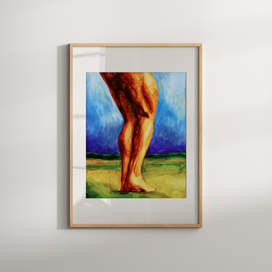 Watercolor painting of muscular bare male legs standing barefoot in a field with a blue sky. LGBTQ+ symbolic art by Zak Pop Art.