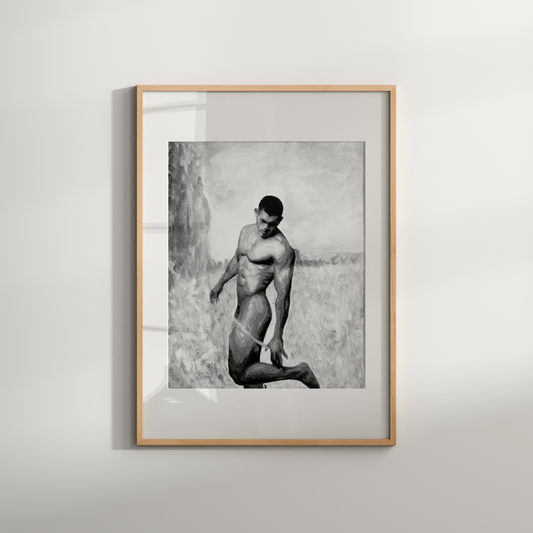Black and white watercolor of a nude man lifting one leg to undress in a calm field, expressing movement, grace, and queer presence.