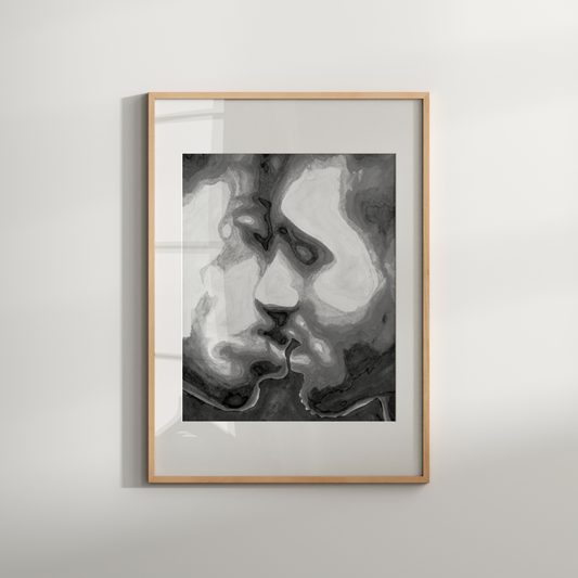 Black and white watercolor of a muscular gay couple kissing
