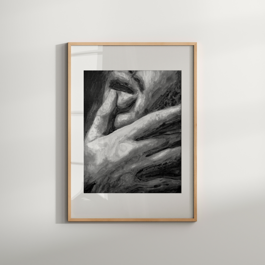 Black and white watercolor portrait of a queer man in side profile, touching his lips with his finger in a soft, expressive gesture.