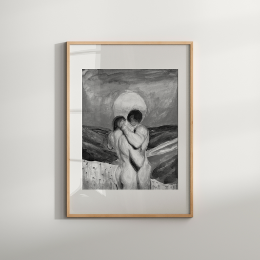 Black and white illustration of two nude muscular men embracing in front of a large setting sun with layered grayscale hills in the background; emotional and symbolic LGBTQ+ artwork.