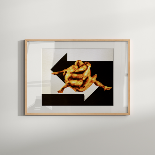 Colorful LGBTQ+ art print of two nude men intertwined into one body, with arrows from both right and left sides, created in Zak Pop Art style.