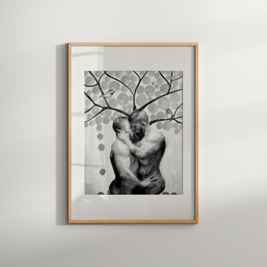 Black and white watercolor painting of two nude men embracing under a tree, with birds and surrounding leaves, expressing queer love, tenderness, and connection. Original Zak Pop Art.