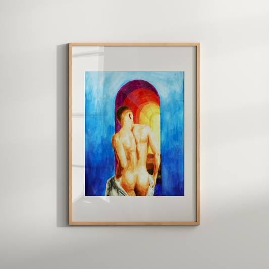 Watercolor painting of a nude male from behind walking up stairs into the sky, with a rainbow and bright blue sky in the background.