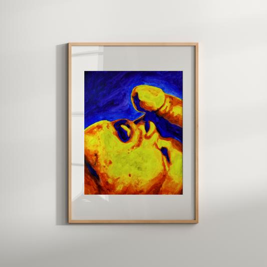 Watercolor painting of two men in an intimate moment, one gazing upward toward the other’s muscular body. A sensual queer artwork by Zak Pop Art.