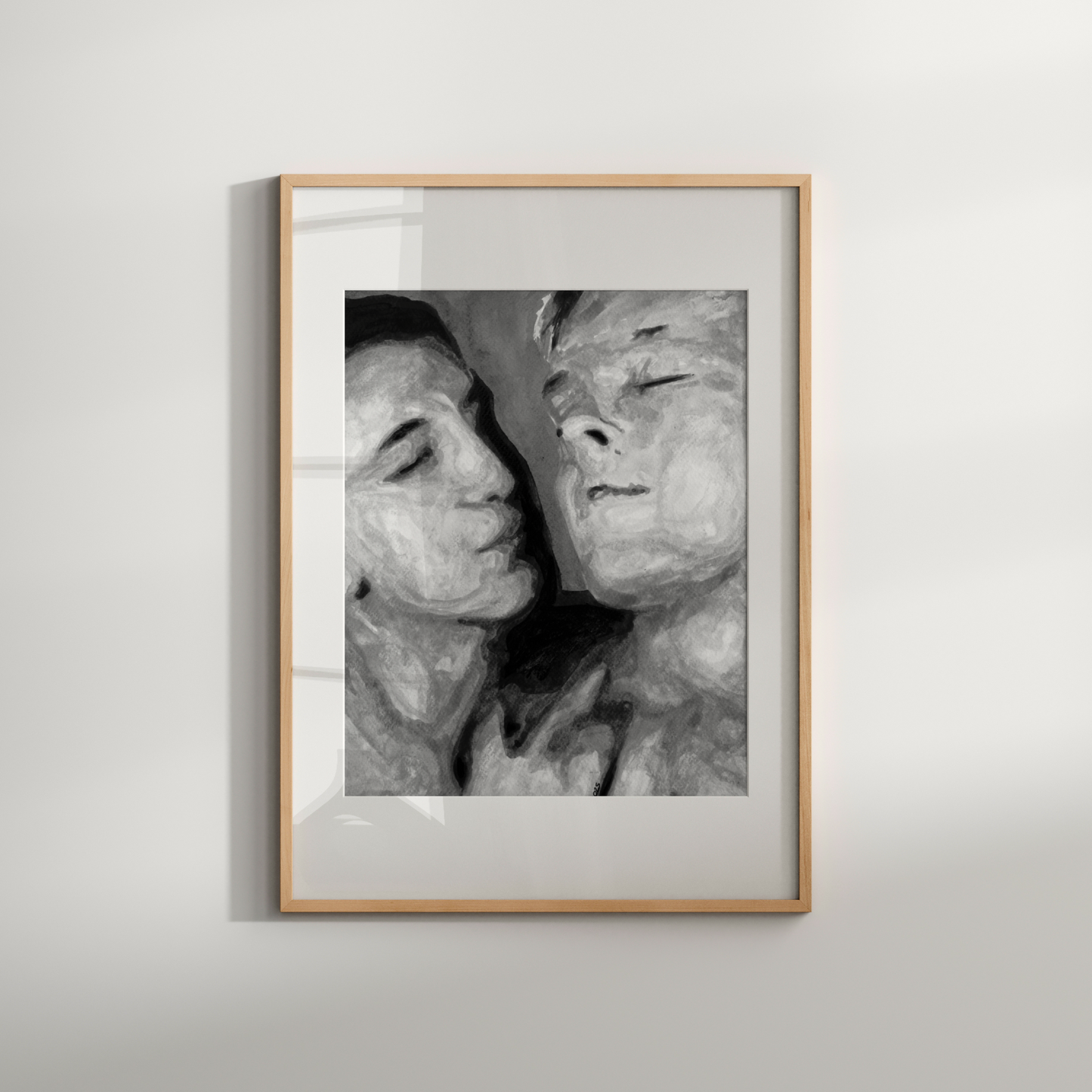 Black and white watercolor painting of a gay couple, one gazing softly at the other, in a gentle romantic moment.
