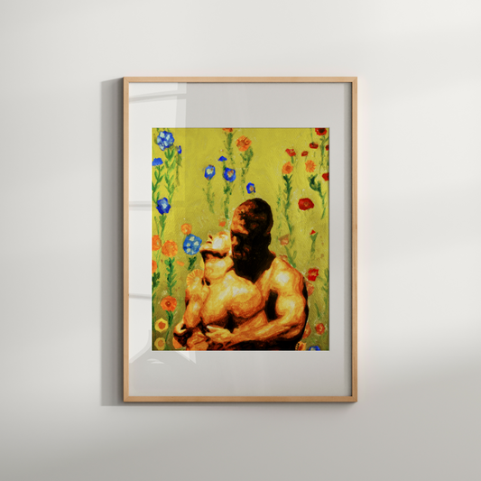 Watercolor painting of a gay couple: one man hugs his partner from behind and kisses his neck. The artwork is painted in warm beige and gold tones with a colorful floral background resembling a vintage shower curtain, symbolizing queer love and home intimacy.