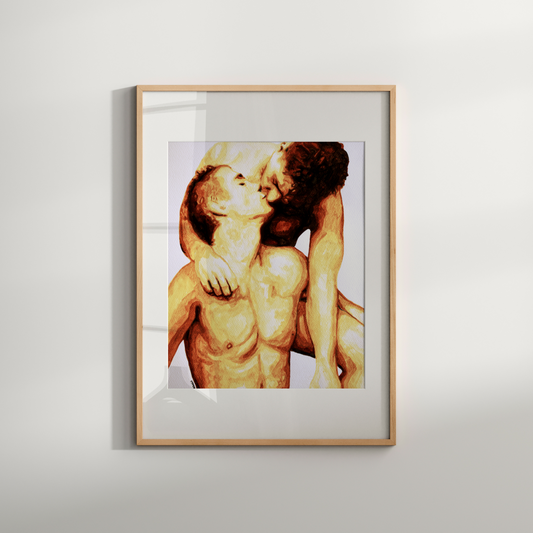 Framed artwork of two people embracing on a light gray background