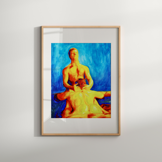 A romantic watercolor painting of two nude men sharing an intimate moment in a golden-lit jacuzzi. One man sits peacefully in the water while the other gently leans forward in a tender gesture of closeness and affection. The background features soft golden tones and delicate floral details, creating a dreamy and emotionally warm atmosphere that honors queer love and connection.