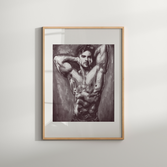 Framed artwork of a shirtless man against a plain wall