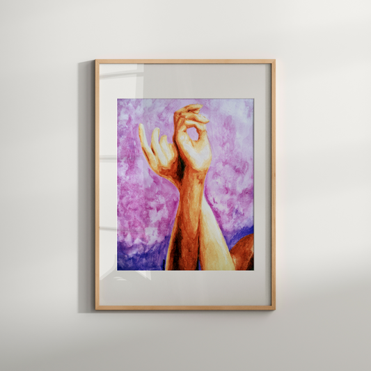 Framed artwork of two hands in a gesture of peace against a purple and pink gradient background.