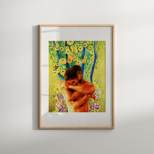 Watercolor of two nude men embracing under a tree with yellow flowers, surrounded by golden light, expressing love and queer connection.