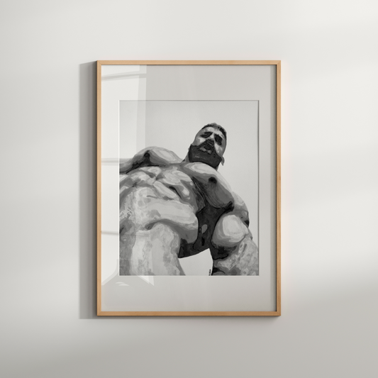 Black and white erotic watercolor art print of a muscular nude male, created by Zak Pop Art. Bold queer artwork highlighting form and sensuality in a minimalist style.