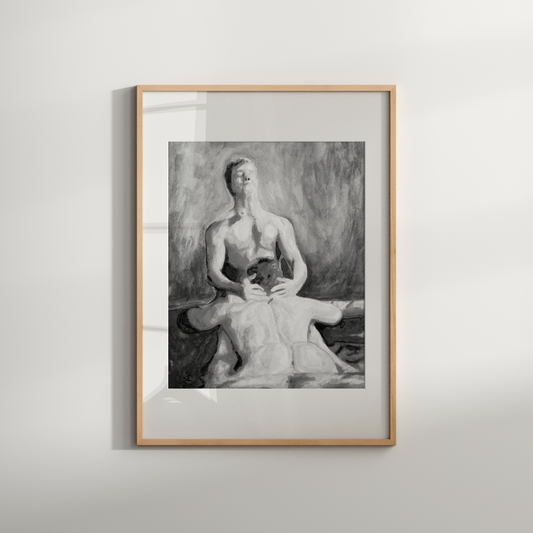 Black and white watercolor artwork of a romantic gay couple in a jacuzzi; one man is sitting nude while the other leans forward in an intimate embrace. A tasteful and emotional LGBTQ+ art piece by Zak Pop Art.