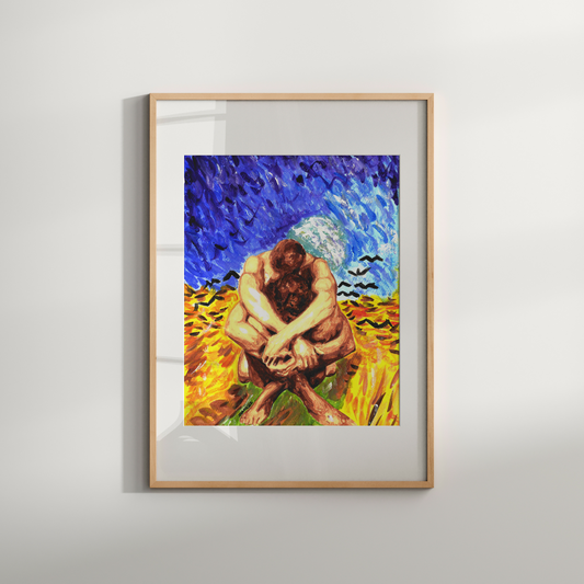 Framed artwork of a woman embracing a wheat field with a blue sky.