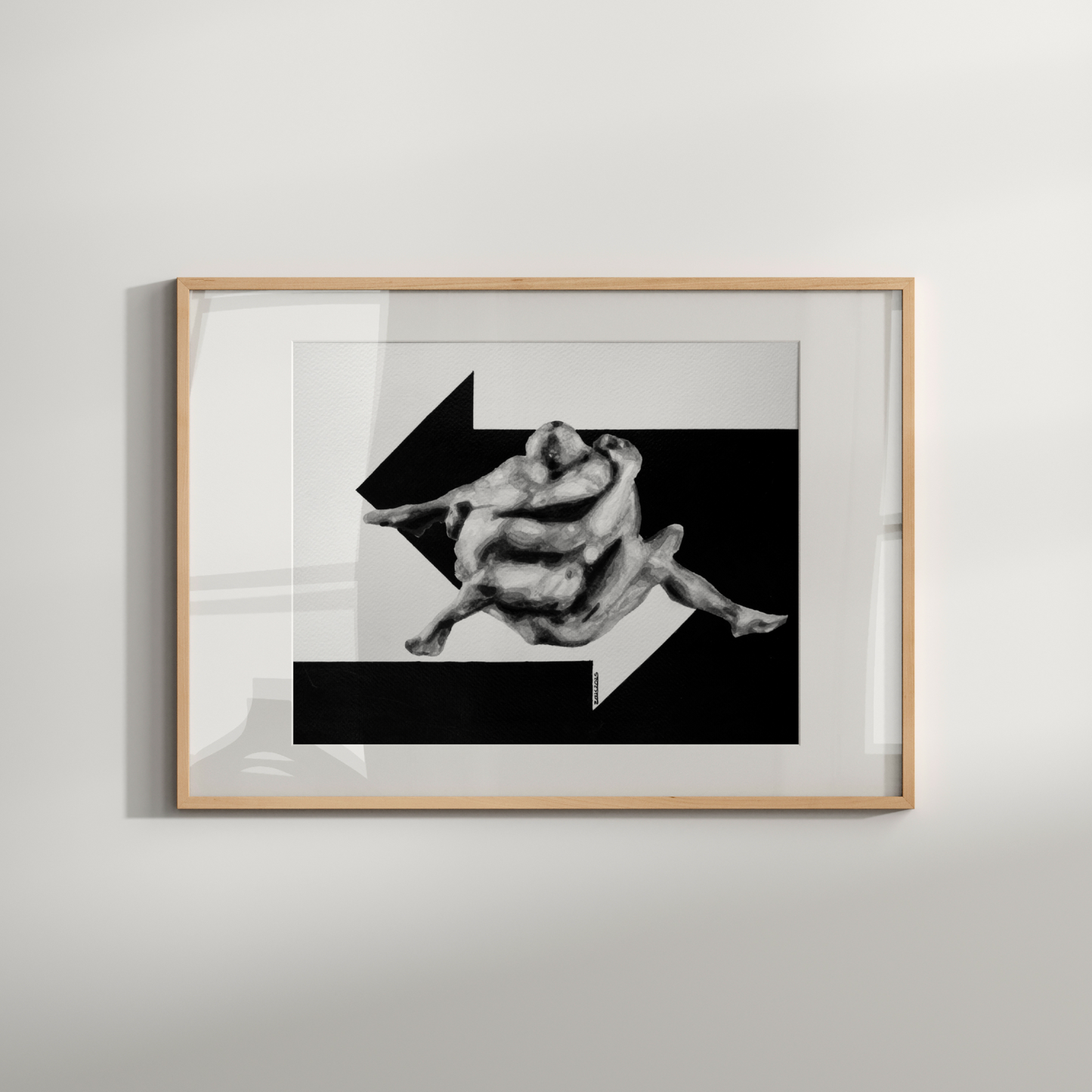 Black and white watercolor print of two nude men merged into one abstract form, with an arrow entering from the right and another from the left.