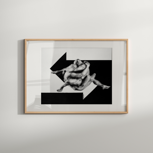 Black and white watercolor print of two nude men merged into one abstract form, with an arrow entering from the right and another from the left.
