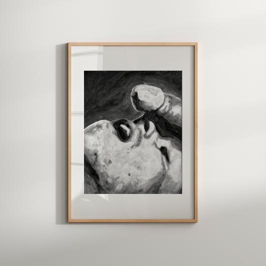 Black and white watercolor of two men, one gazing upward toward another’s body. A minimalist and sensual LGBTQ+ artwork by Zak Pop Art.