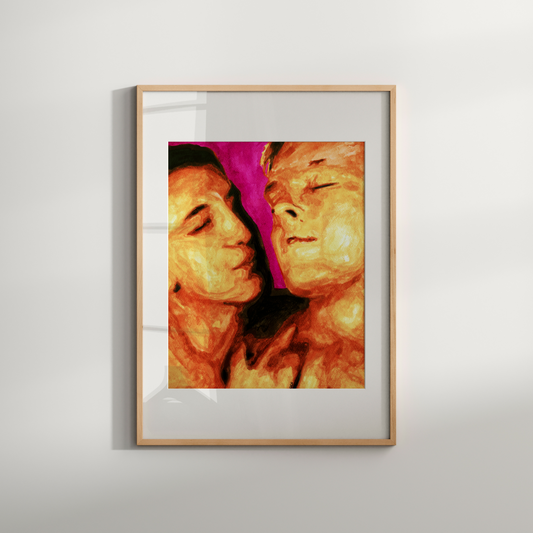 Watercolor painting of two gay men, one looking affectionately at the other, with warm skin tones and a soft pink floral background.