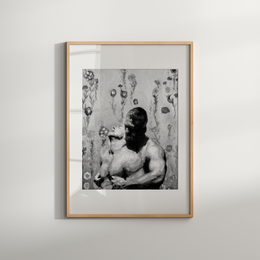 Black and white watercolor of a gay man hugging and kissing his partner's neck from behind. The background shows a grayscale floral pattern inspired by classic shower curtains, creating a sense of quiet domestic queer intimacy.