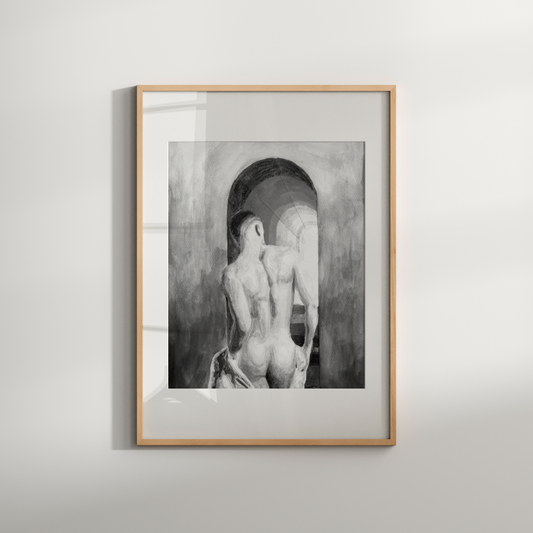 Black and white watercolor of nude male walking up sky stairs with tonal rainbow and cloudy sky, viewed from behind.