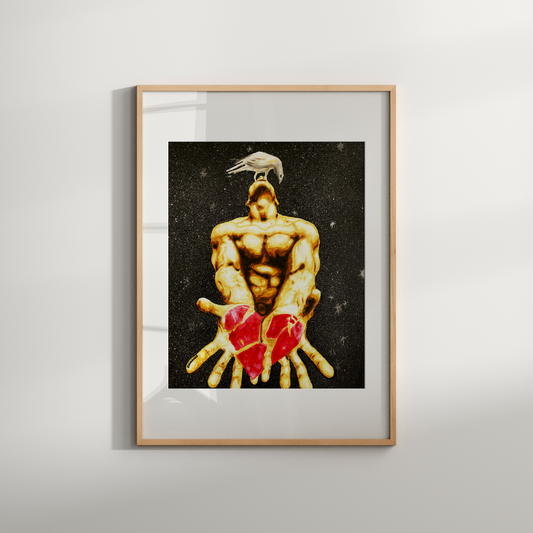 Framed artwork of a muscular figure with red hearts and a bird on the head against a black background.