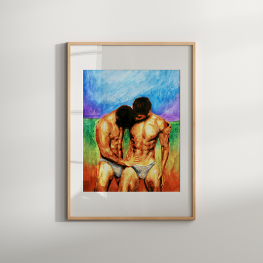 Two men touching each other gently at the waist, standing in a rainbow-colored field. Expressive LGBTQ+ queer art by Zak Pop Art.