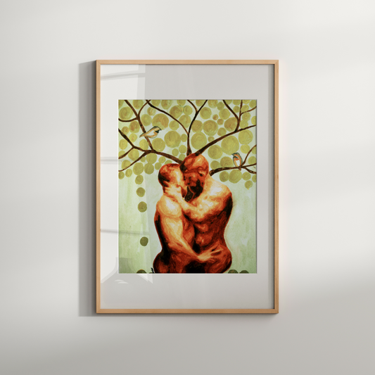 Watercolor painting of two nude men embracing under a tree with golden leaves and two birds, symbolizing queer love, peace, and connection in nature. Original Zak Pop Art.