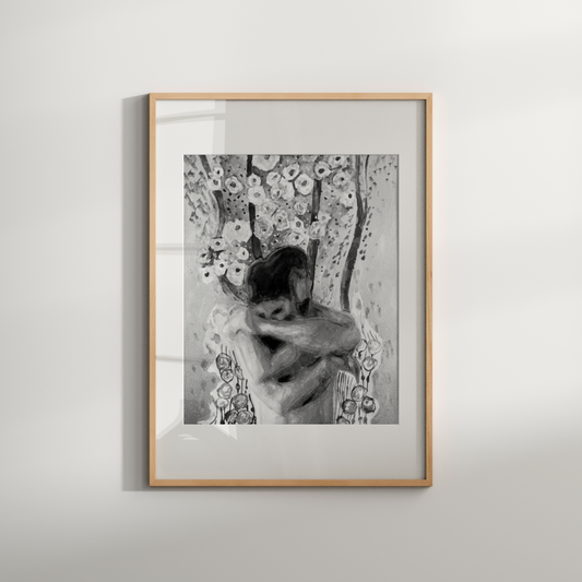 Black and white watercolor of two nude men in an intimate embrace under a tree, expressing calm, love, and queer connection.