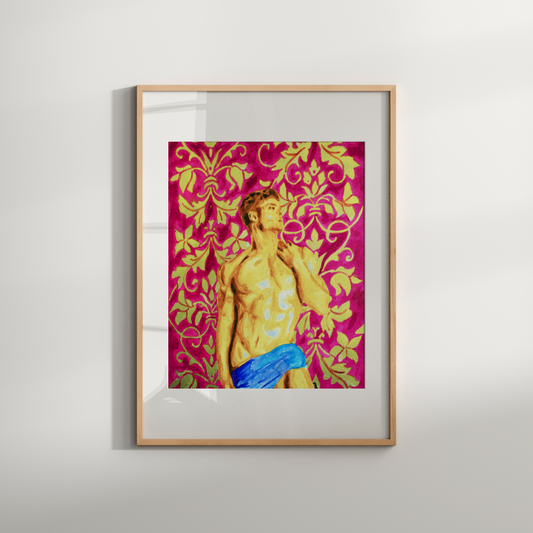 Greek-style muscular nude male with blue cloth and antique banana leaves in pink and gold
