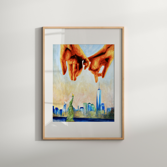 Watercolor painting of a gay couple making a pinky promise, with their hands interlocked in the foreground. Behind them, the New York City skyline and the Statue of Liberty appear under a soft pink sky. LGBTQ+ pride colors are subtly blended into the artwork, symbolizing queer love and freedom.