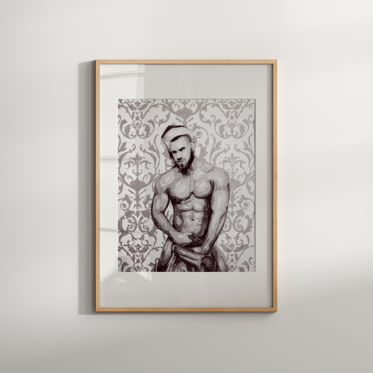 Framed artwork of a shirtless man with a decorative pattern on the wall