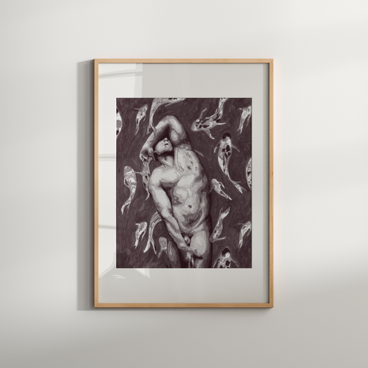 Framed artwork of a nude figure on a plain wall