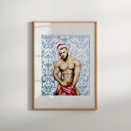 Framed artwork of a shirtless man with a red turban on a light gray background