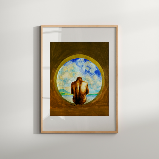 Framed artwork of a nude figure with a circular landscape in the center on a white wall.