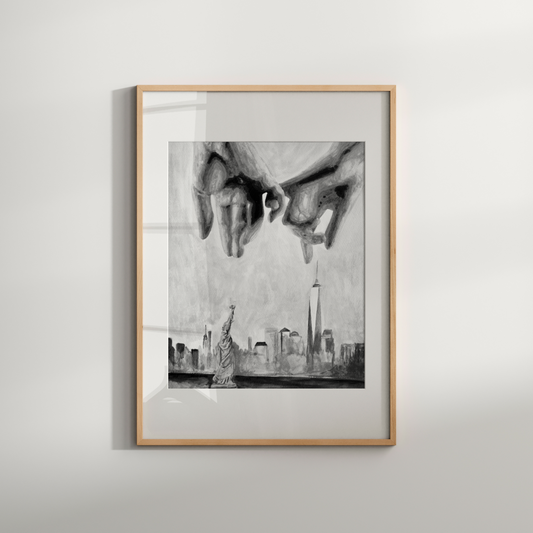 Black and white watercolor print of two gay men making a pinky promise with interlocked hands in the foreground. Behind them, the NYC skyline and Statue of Liberty are softly illustrated, symbolizing queer love and freedom.