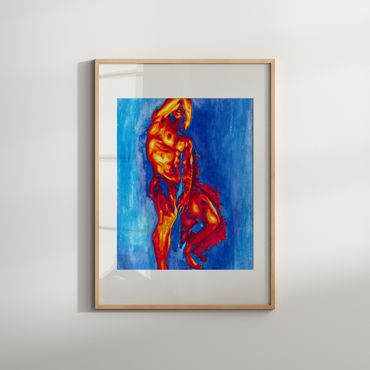 Framed abstract artwork with fiery design on a white wall