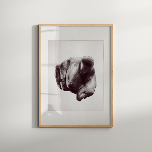 Framed artwork of a bear's head on a white wall
