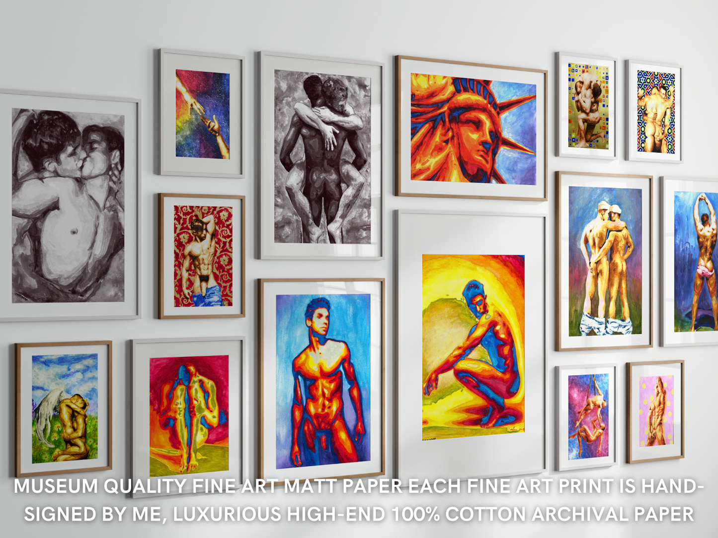 Wall with framed artworks on a white wall