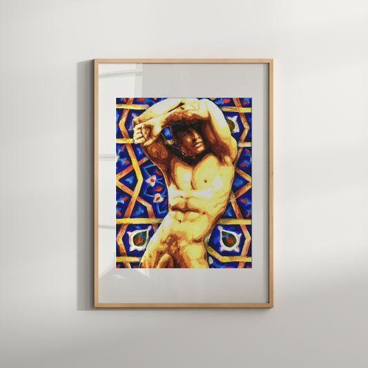 Framed artwork of a classical statue with geometric pattern on a white wall