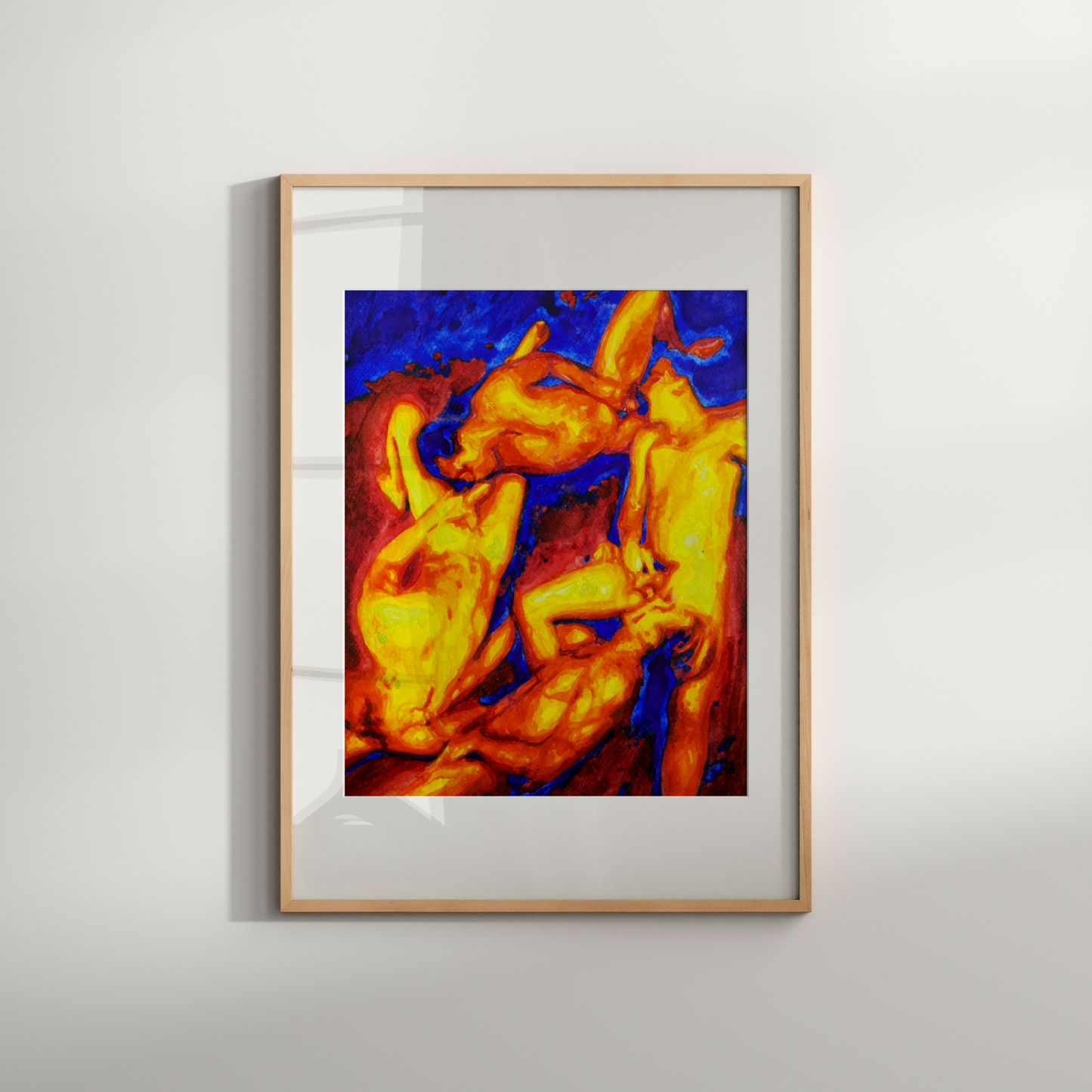 Watercolor painting of four nude queer figures in a circular composition, using warm and cool tones to depict a sensual and emotional erotic scene. Zak Pop Art.