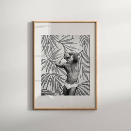 Black and white watercolor painting of a muscular man in underwear with tropical palm leaves background, showing bold Miami style and queer pride through strong contrasts and delicate shading. Original Zak Pop Art